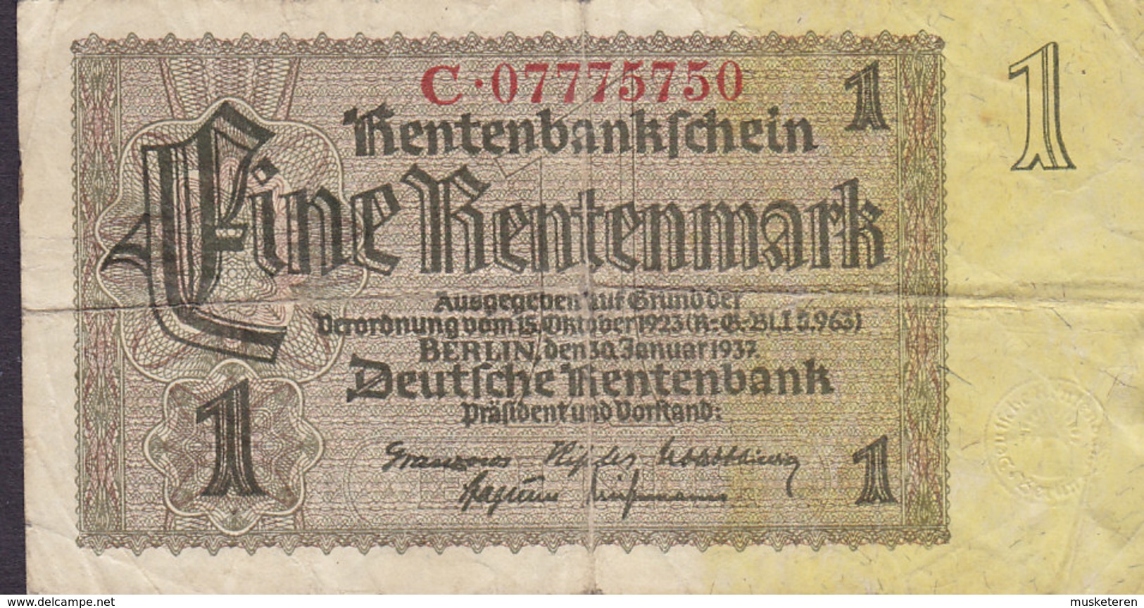 Germany - 1 MARK Rentenbankschein Berlin (30-1-1937) C 07775750 (2 Scans) - 1 Rentenmark