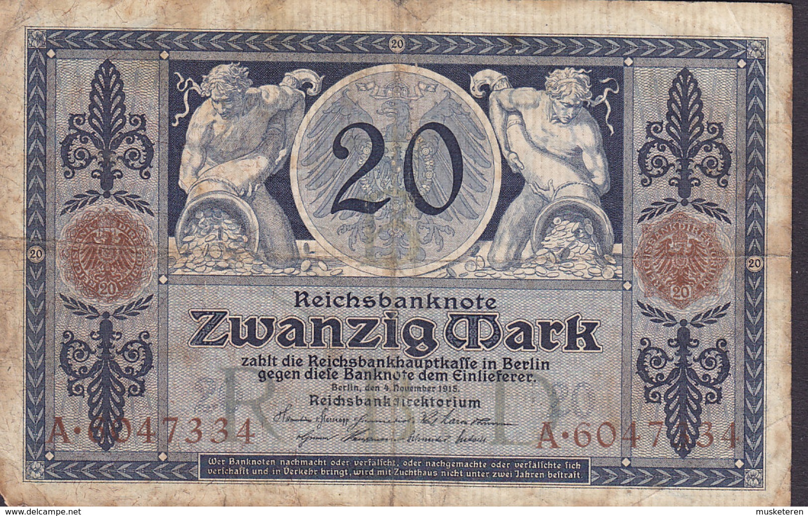 Germany - 20 MARK Reichsbanknote Berlin (4-11-1915) A 6047334 (2 Scans) - 20 Mark