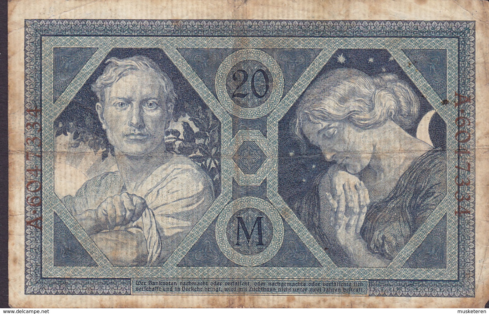 Germany - 20 MARK Reichsbanknote Berlin (4-11-1915) A 6047334 (2 Scans) - 20 Mark