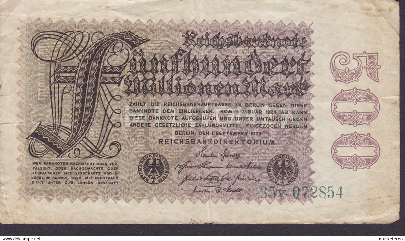 Germany - 500 MARK Reichsbanknote Berlin (1-9-1923) 35v 072854 (2 Scans) - 500 Mark