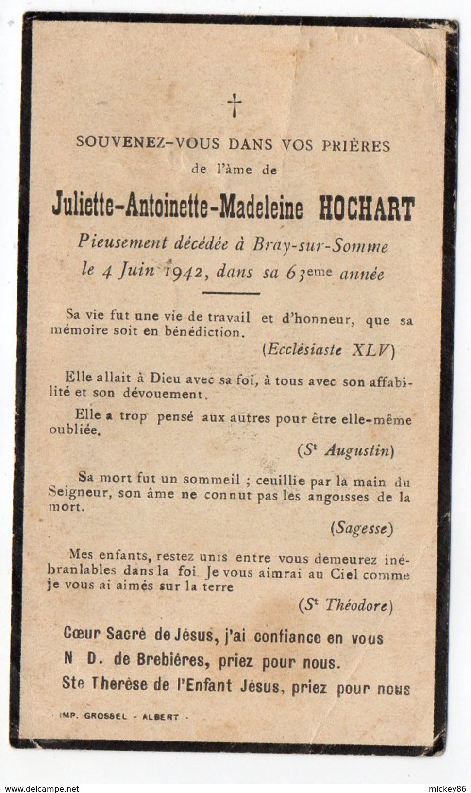 Religion--BRAY SUR SOMME-- Petite Carte ( 6.5cm X 11 Cm) --décès   HOCHART  Juliette-Antoinette-Madeleine 4 Juin 1942-- - Religion & Esotérisme