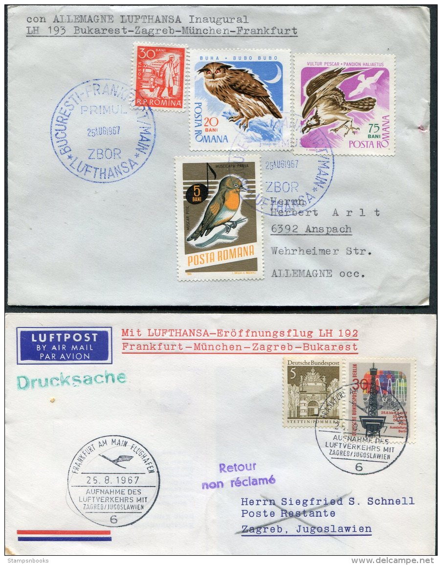 1967 Romania Germany Lufthansa First Flight Covers(2) Bucuresti / Frankfurt. Owl Bubo Bubo, Birds - Covers & Documents