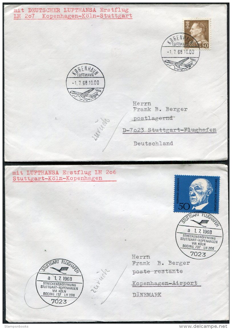 1968 Denmark Germany Lufthansa First Flight Covers(2) Copenhagen / Stuttgart - Airmail