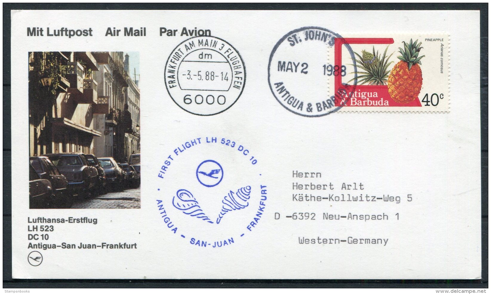 1988 Antigua Germany Lufthansa First Flight Card. St John's - Frankfurt - Antigua And Barbuda (1981-...)