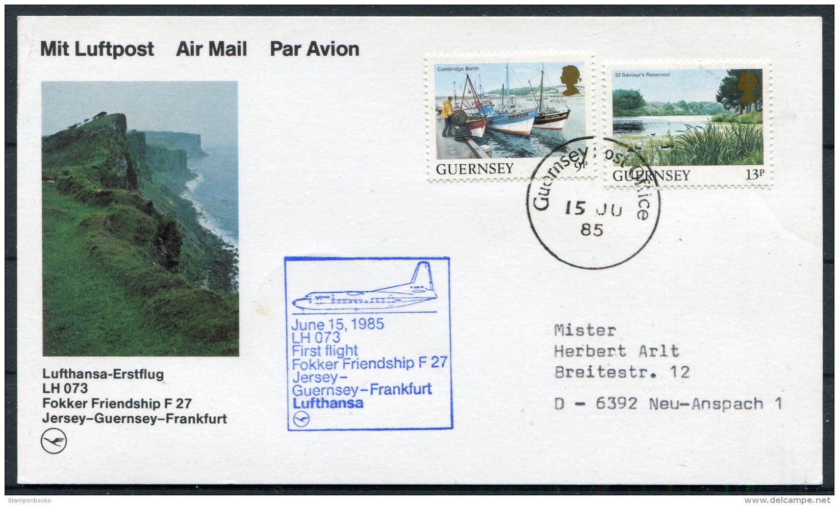 1985 Guernsey Germany Lufthansa First Flight Card - Frankfurt. - Guernsey