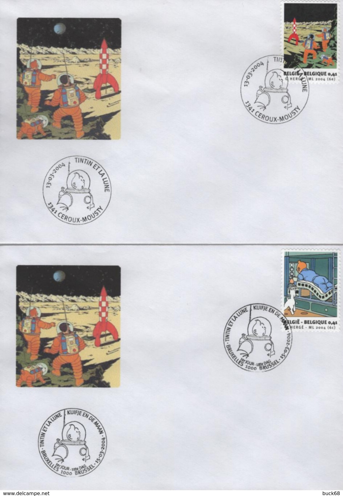 BELGIQUE 3237 à 3240 FDC X 4 Enveoppes 1er Jour - Tintin Kuifje HERGE Lune Fusée Rocket Maan Moon - Cómics