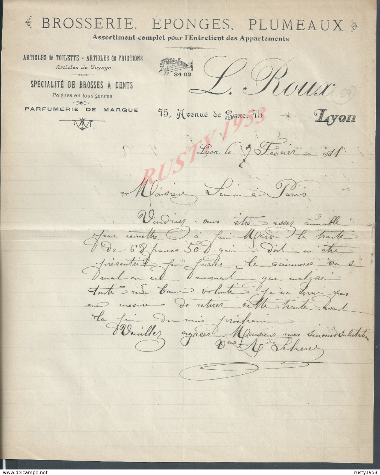 LETTRE COMMERCIALE DE 1911 L. ROUX BROSSERIE ÉPONGES PLUMEAUX PARFUMERIE À LYON : - Droguerie & Parfumerie