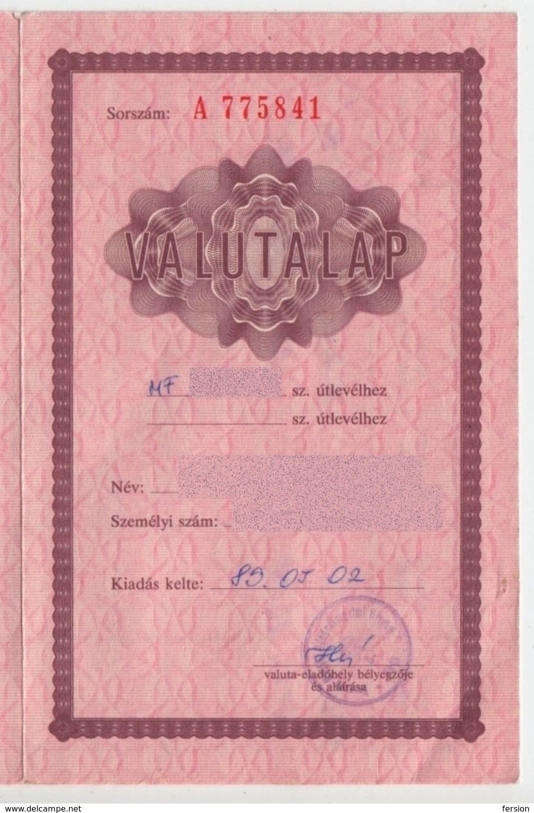 1989 Hungary - Foreign Money Currency Exchange Document - VALUTALAP - Unclassified