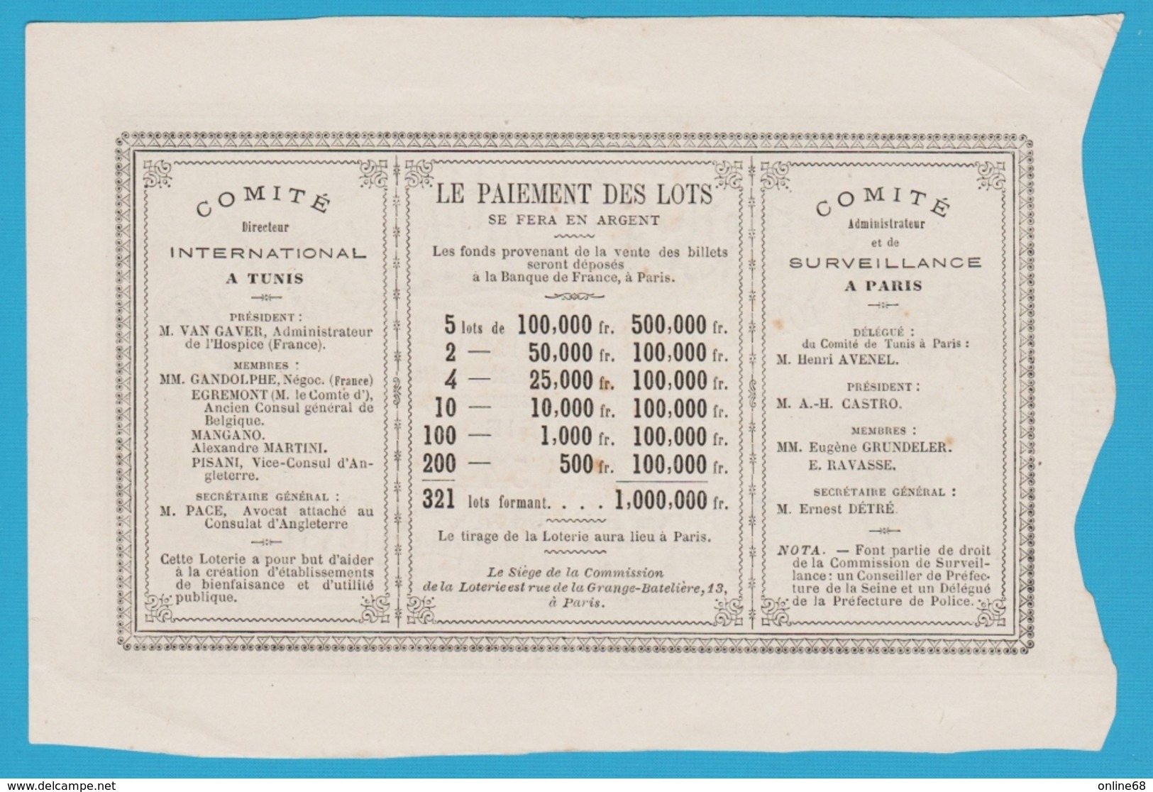 LOTERIE TUNISIENNE INTERNATIONALE BILLET 1 FRANC 1882 BOND - Billets De Loterie