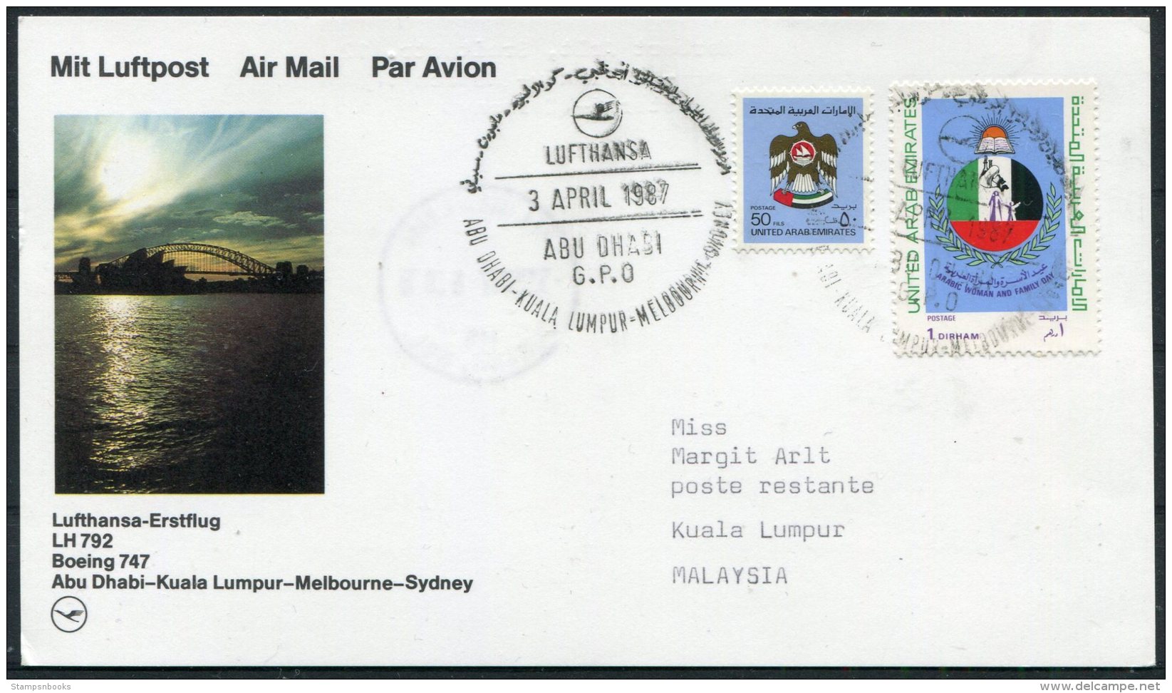 1987 UAE Malaysia Lufthansa First Flight Card. Abu Dhabi - Kuala Lumur / Subang. Sel - Abu Dhabi