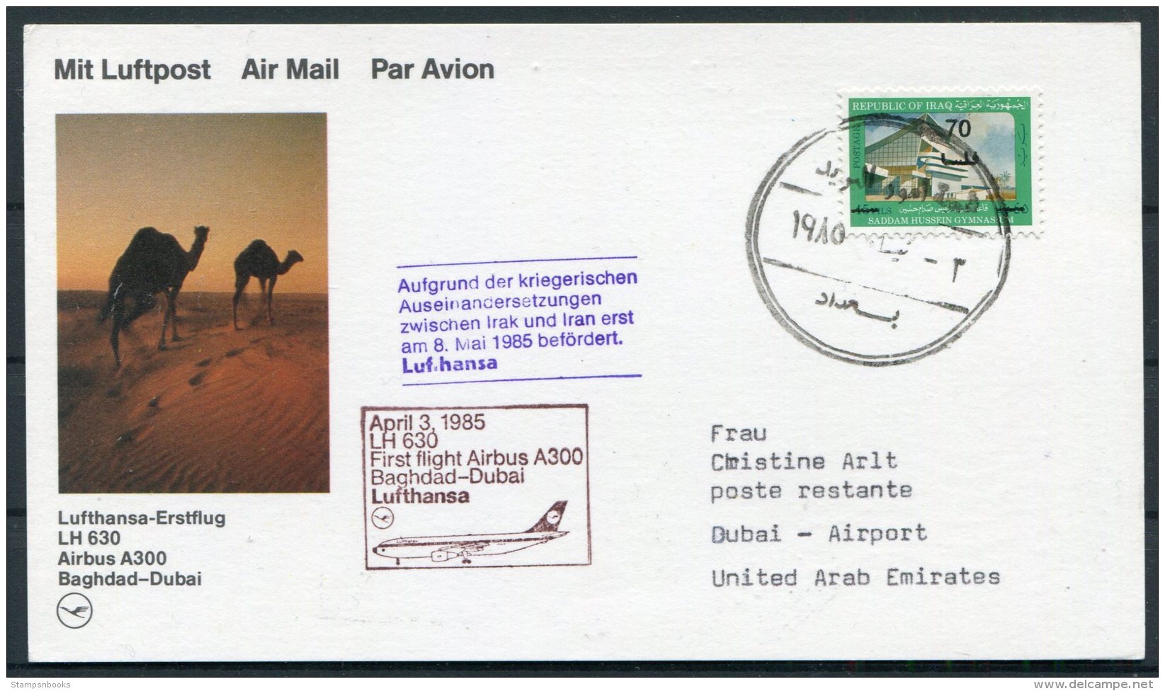 1985 Iraq UAE Lufthansa First Flight Card. Baghdad - Dubai. Camels - Iraq