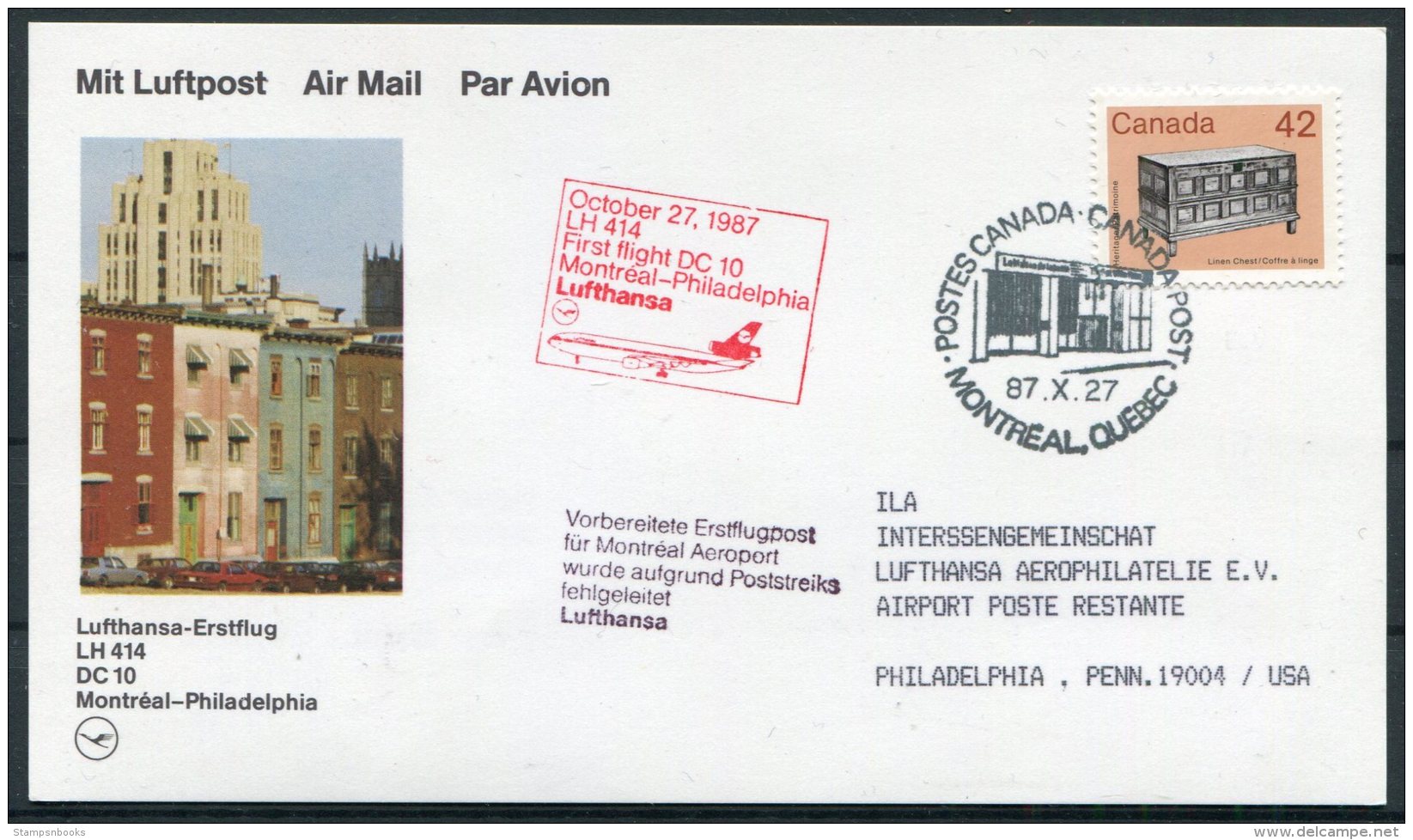 1987 Canada USA Lufthansa First Flight Card. Montreal - Philadelphia - First Flight Covers