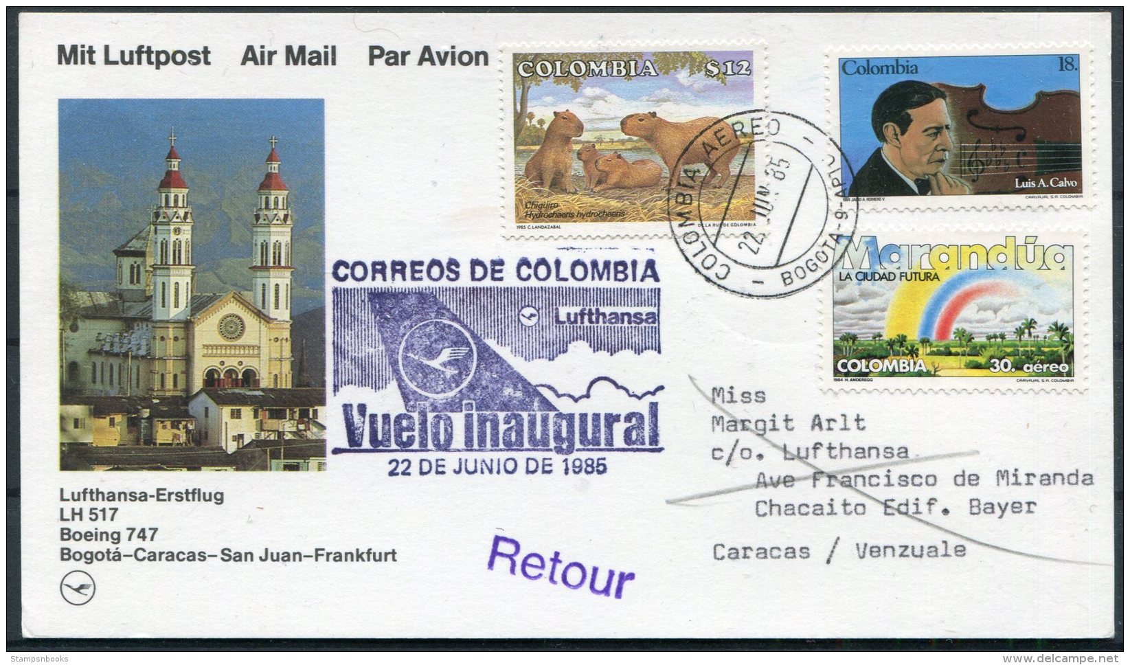 1985 Colombia Venezuela Lufthansa First Flight Card. Bogota - Caracas. Music Rainbow - Colombia