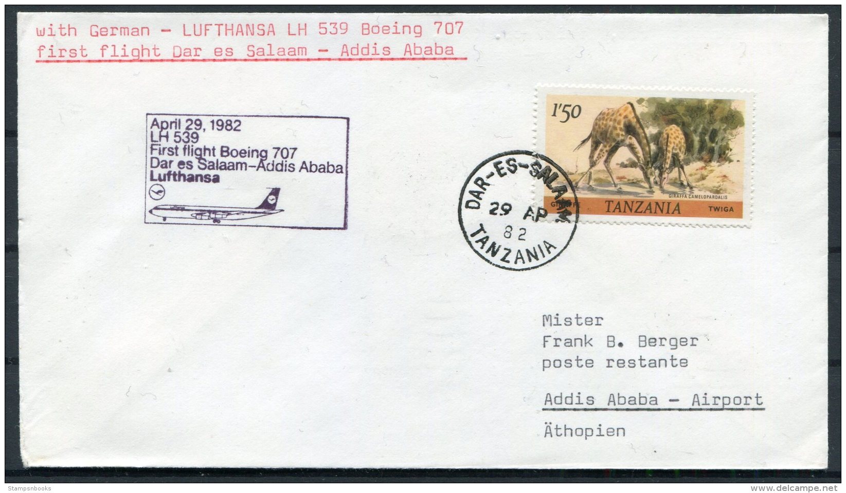 1982 Tanzania Ethiopia Lufthansa First Flight Cover. Dar-es-Salam / Addis Ababa - Tanzania (1964-...)