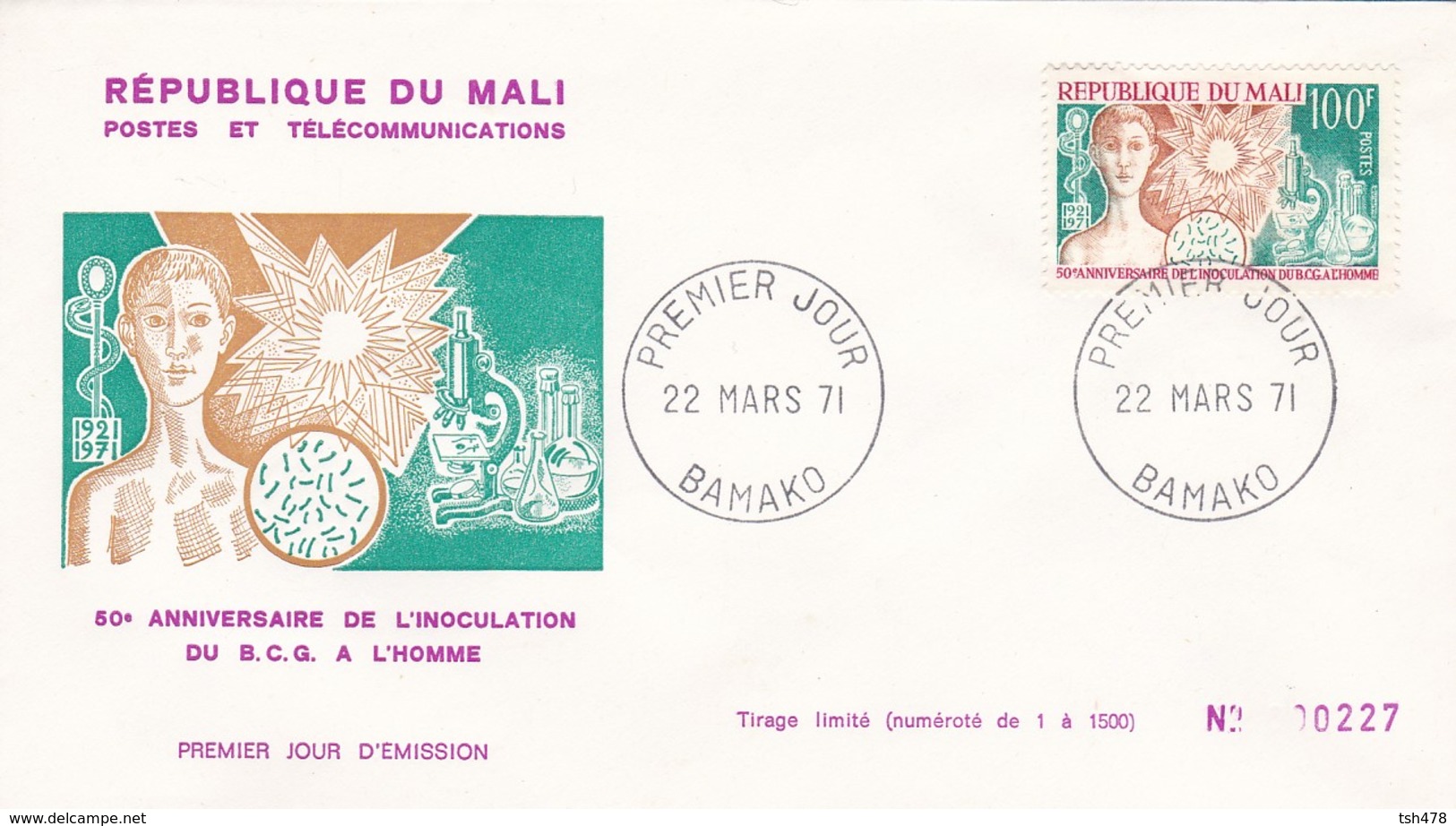 MALI---BAMAKO---22 Mars 1971---premier Jour--50e Anniversaire De L'inoculation Du B. C. G.  --enveloppe-voir 2 Scans - Mali (1959-...)