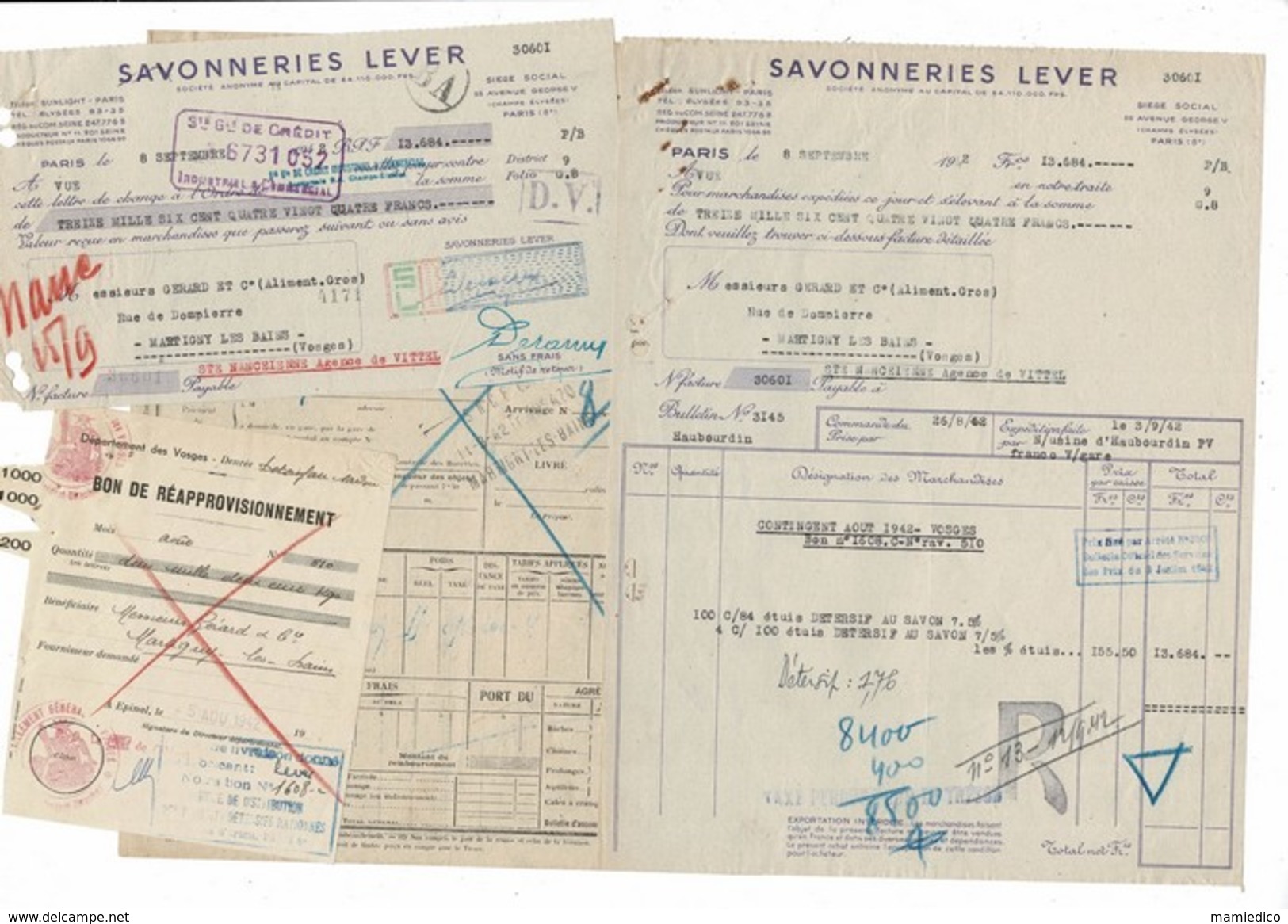 GUERRE 39-45 coupons d'alimentation +des tas de documents ou factures,législation (sel-lessive-semoule-riz-pâtes)