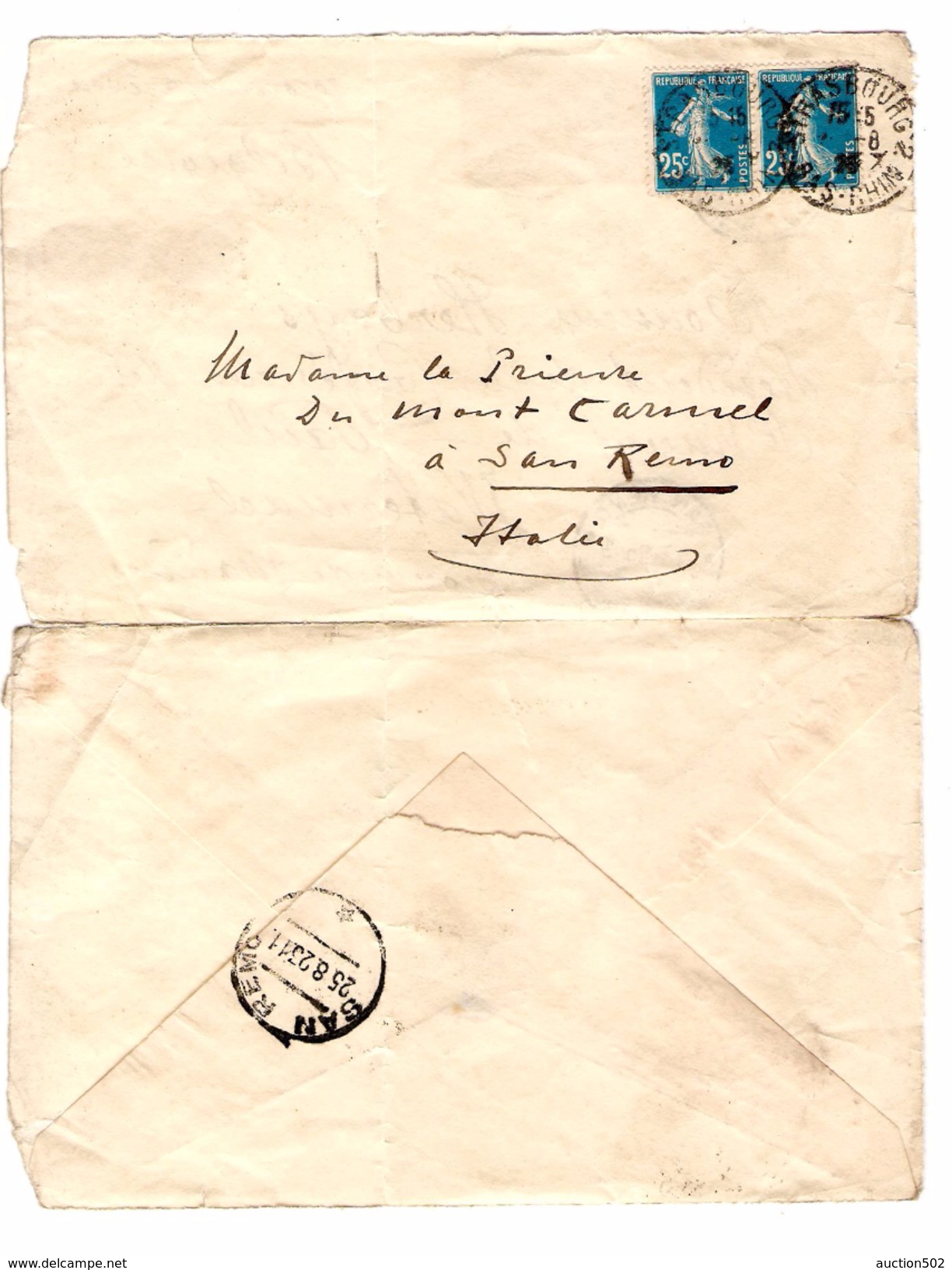 Enveloppe Used Twice France Strasbourg To San Remo 1923 & San Remo Italiy Registered 1/9/25 To Belgium Scarce PR4518 - Marcophilie