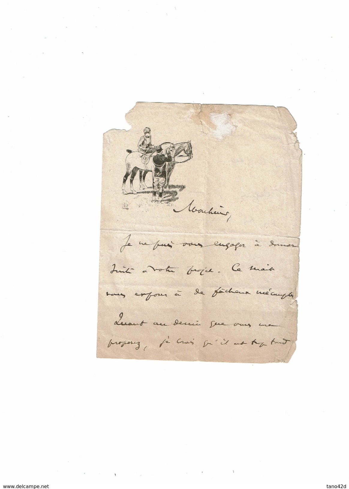 LBEL2- LETTRE ET ENVELOPPE ILLUSTREES THEMES EQUITATION MILITAIRES SIGNATURE NON IDENTIFIEE  MAUVAIS ETAT - Manuscritos