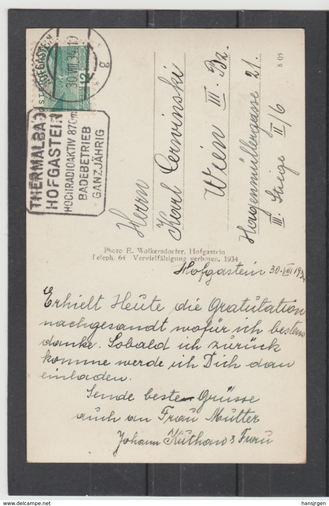 STM738 POSTKARTE JAHR 1934 THERMALBAD HOFGASTEIN M. RAUCHKOGEL GEBRAUCHT - Bad Hofgastein