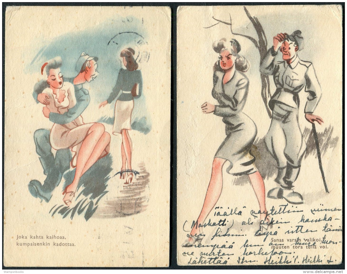 1943/4 Finland 2 X Kenttapostia Military Comic Romance Postcards - Covers & Documents