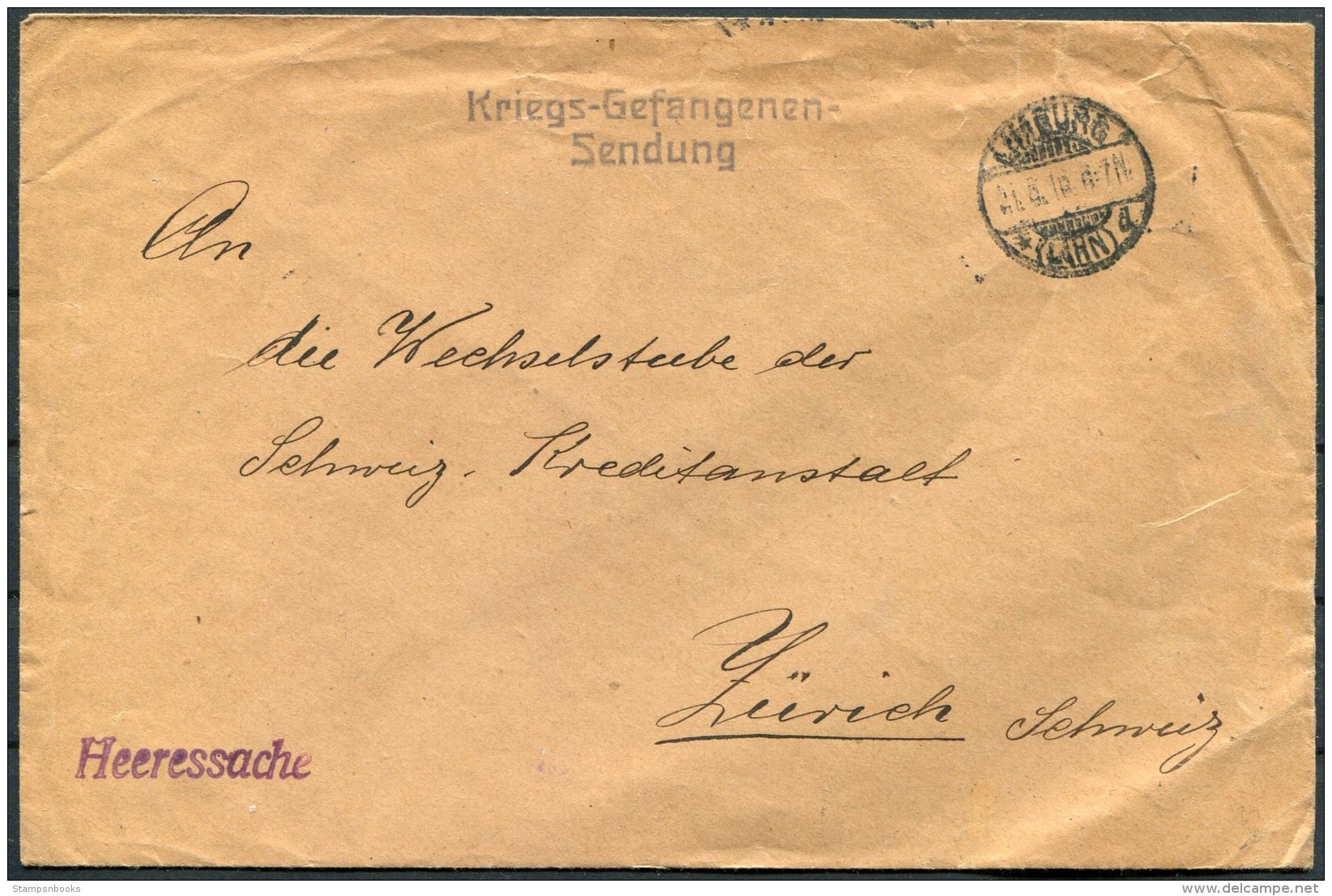 1916 Switzerland Limburg Kriegs-Gefangenen Sendung Heeressache POW Cover - Zurich - Lettres & Documents