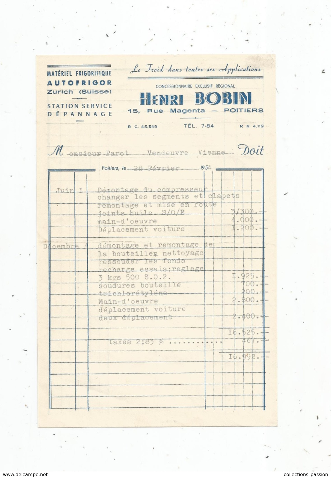 Facture , Matériel Frigorifique Autofrigor , H. Bobin ,Poitiers , 1951 , Vienne ,   Frais Fr : 1.55 & - 1950 - ...