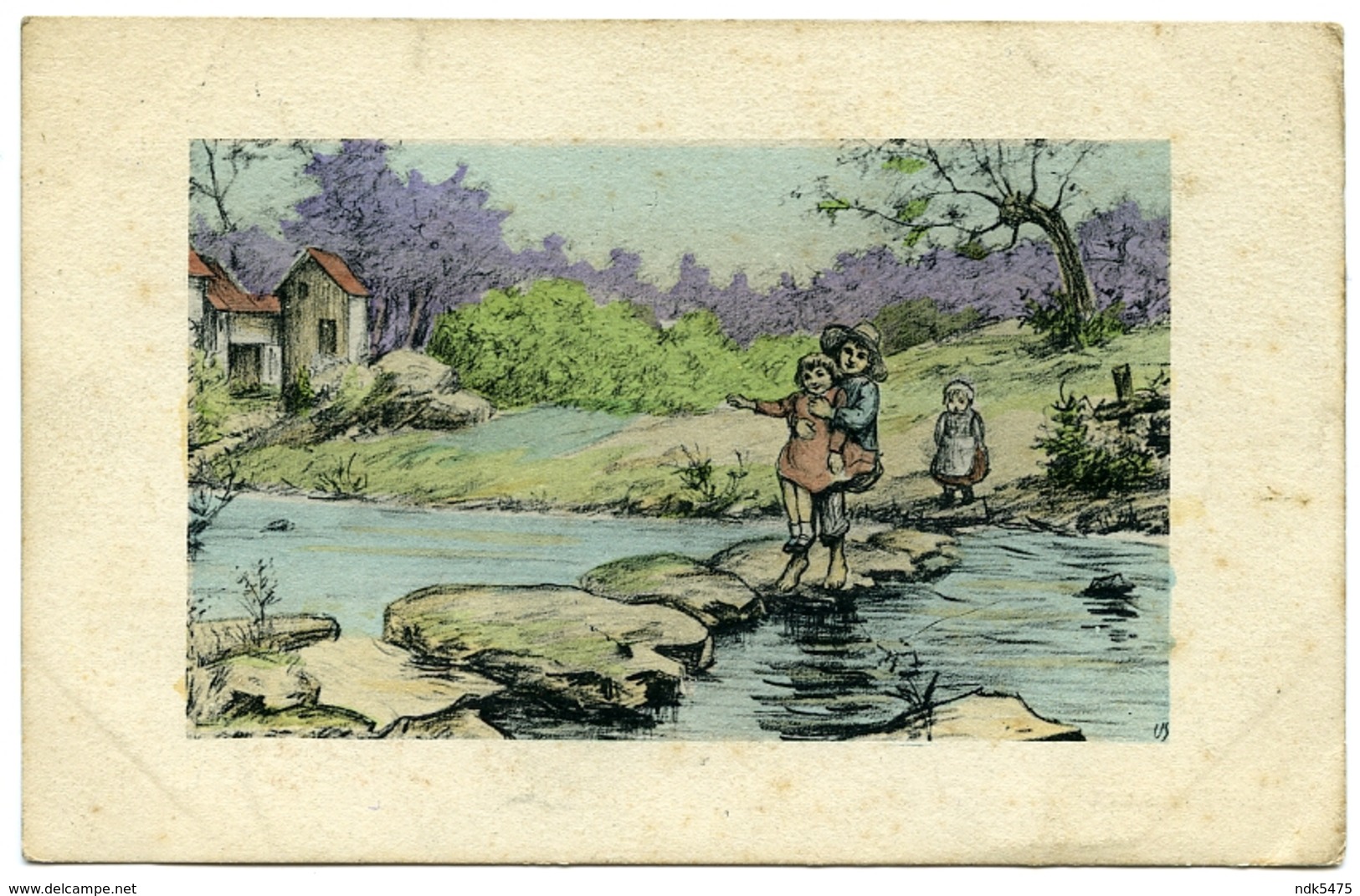 FRENCH CHILDREN CROSSING STEPPING STONES / POSTMARK - FIELD POST OFFICE 54 - 1900-1949