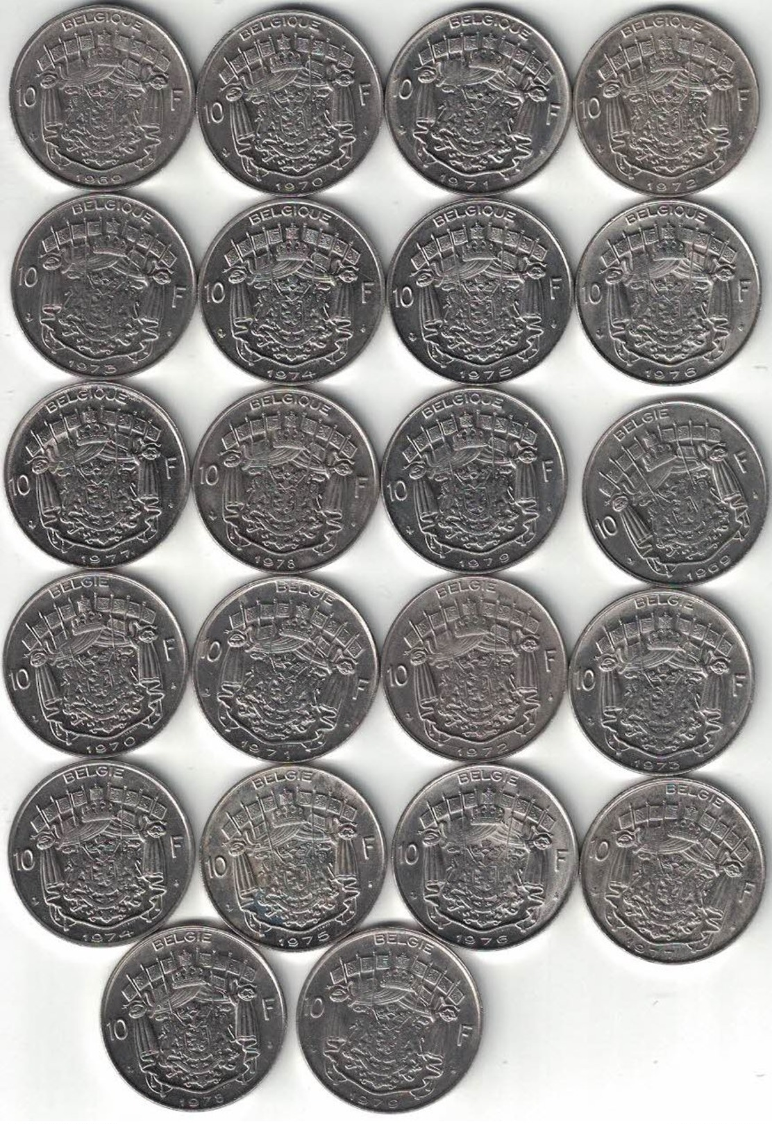 Belgium Collection Of 22x 10 Franc Coins 1969-1979 All Listed & Different - Collections