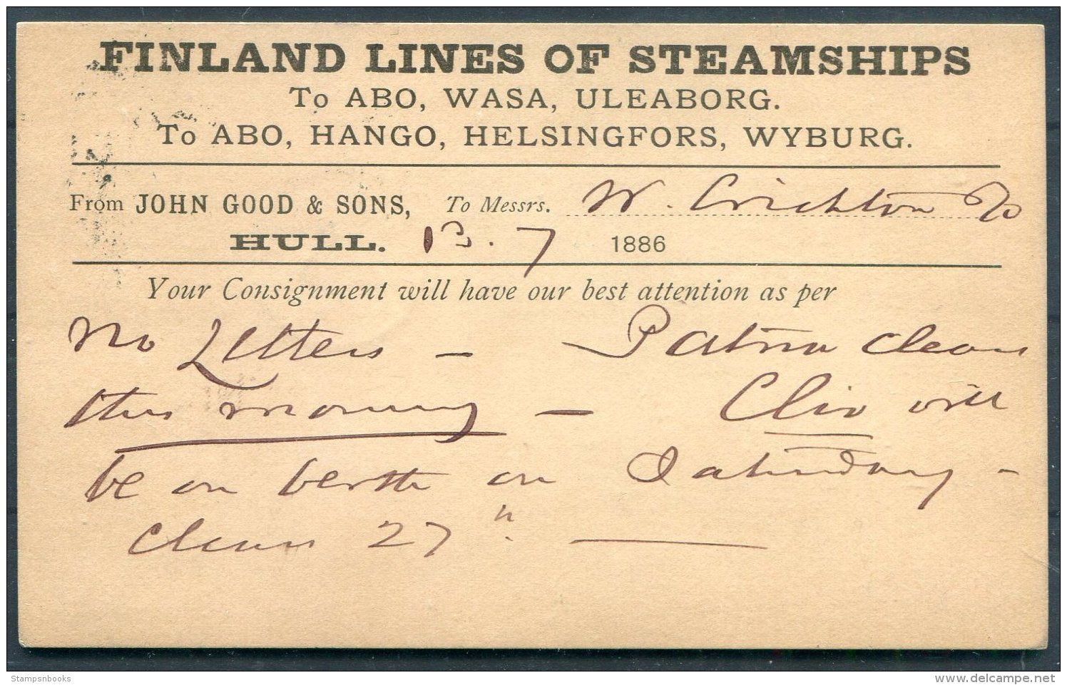 1886 GB QV Stationey Postcard. Hull Duplex - Birmingham. Finland Lines Steamships - Briefe U. Dokumente
