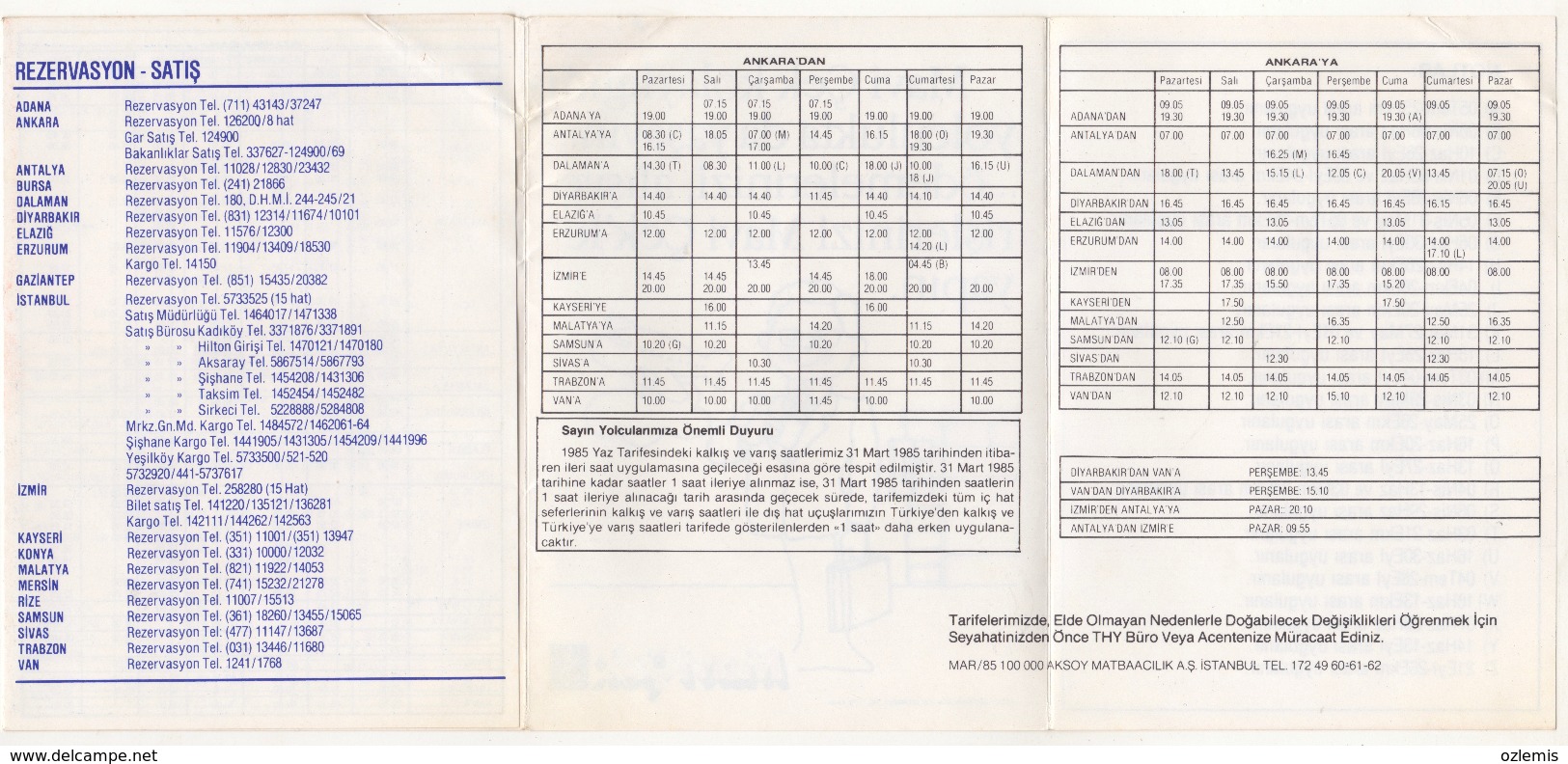 TURQUIE,TURKEI TURKEY, TURKISH AIRLINES 1985  SUMMER TIMETABLE - Tijdstabellen