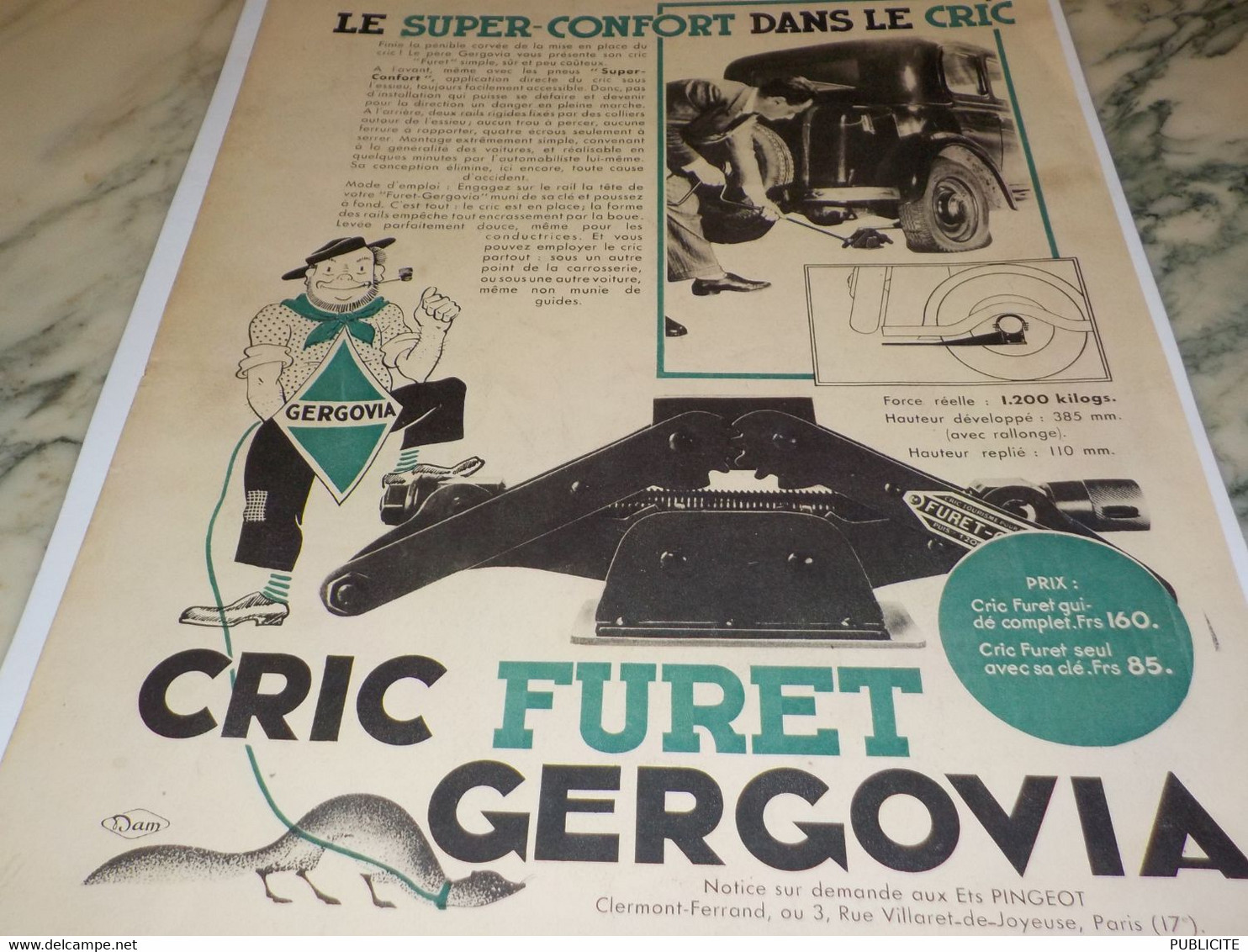 ANCIENNE PUBLICITE CRIC FURET GERGOVIA 1934 - Advertising