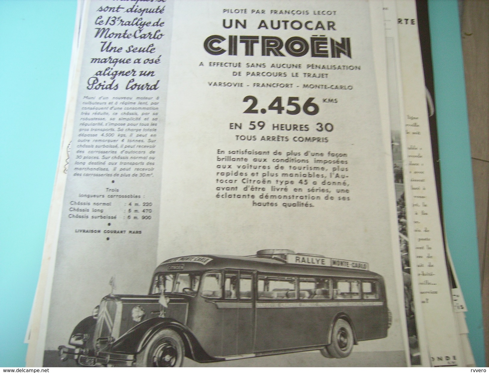 ANCIENNE PUBLICITE AUTOCAR CITROEN PILOTE PAR F.LECOT 1934 RALLY MONTE CARLO - Werbung
