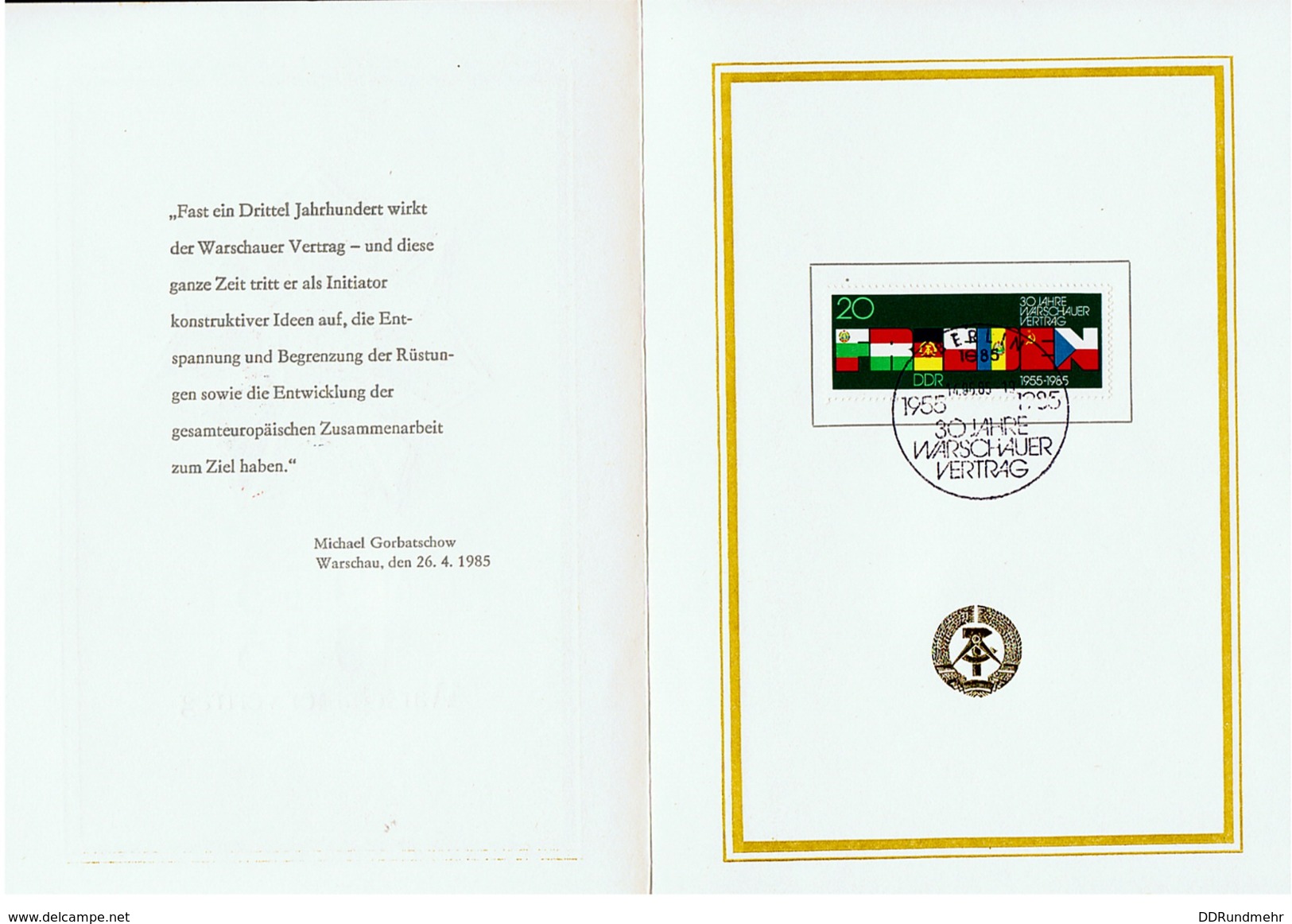 Gedenkblatt Warschauer Vertrag 1955 - 1985 Waffenbrüderschaft Ersttagsstempel Siehe Scan - Sonstige & Ohne Zuordnung