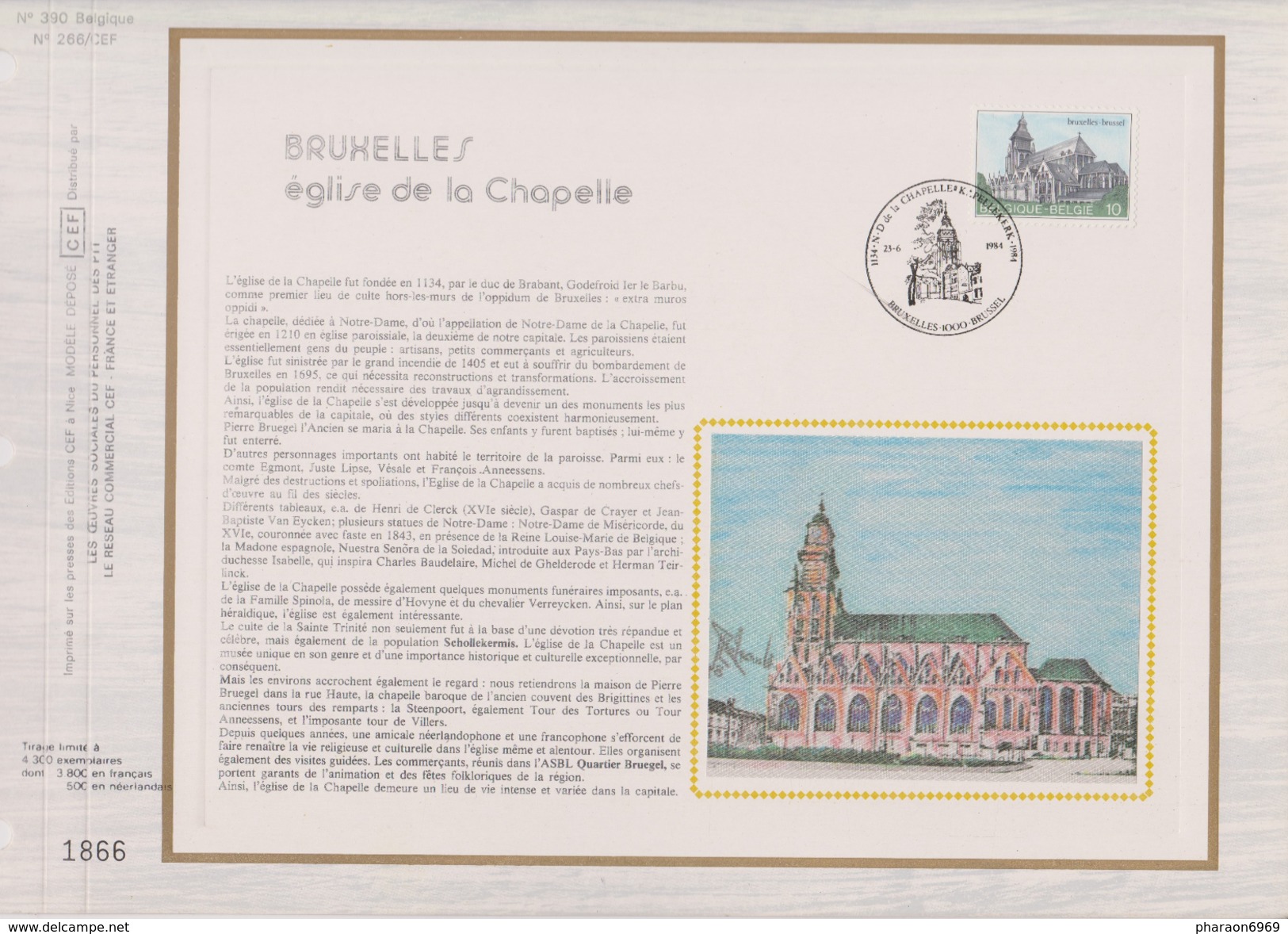 Feuillet Tirage Limité CEF 390 2138 Bruxelles église De La Chapelle - 1981-1990
