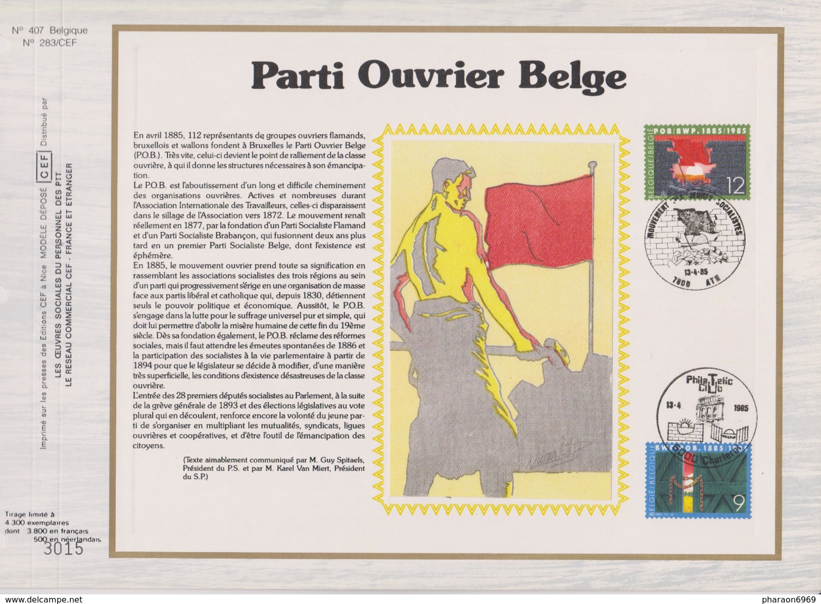 Feuillet Tirage Limité CEF 407 2167 2168 Parti Ouvrier Belge Ath - 1981-1990