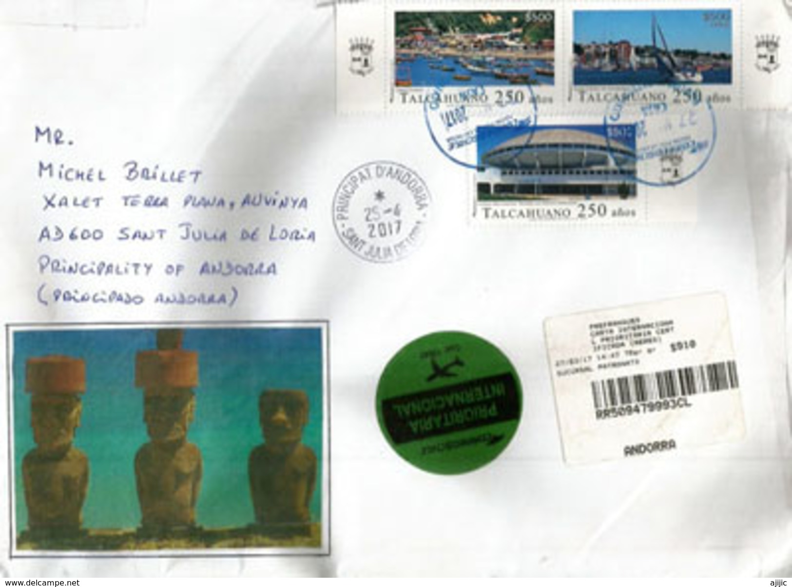 Lettre Recommandée (Moaïs) Ìle De Pâques,Territoire Chilien Du Pacifique,adressée En ANDORRE,avec Timbre à Date Arrivée - Rapa Nui (Easter Islands)