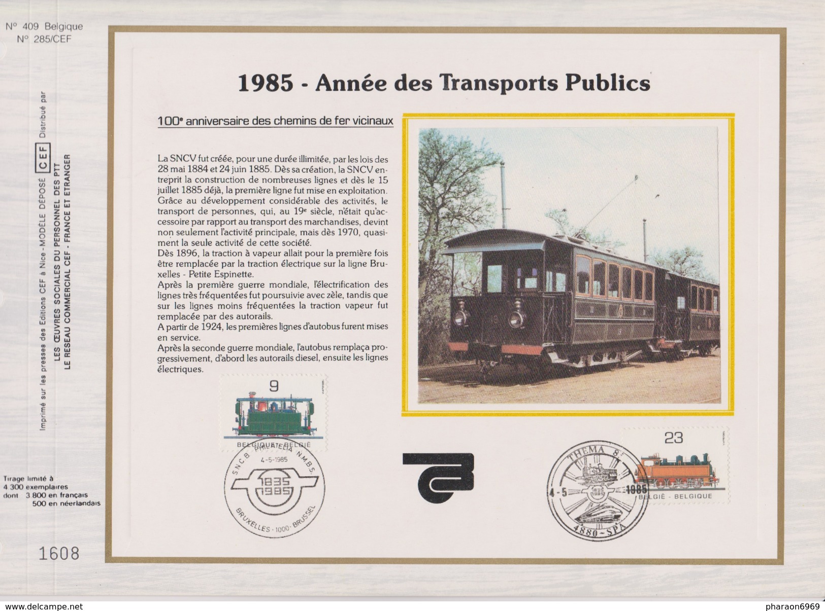 Feuillet Tirage Limité CEF 409 2170 2172 Transports Publics Train Locomotive Spa - 1981-1990