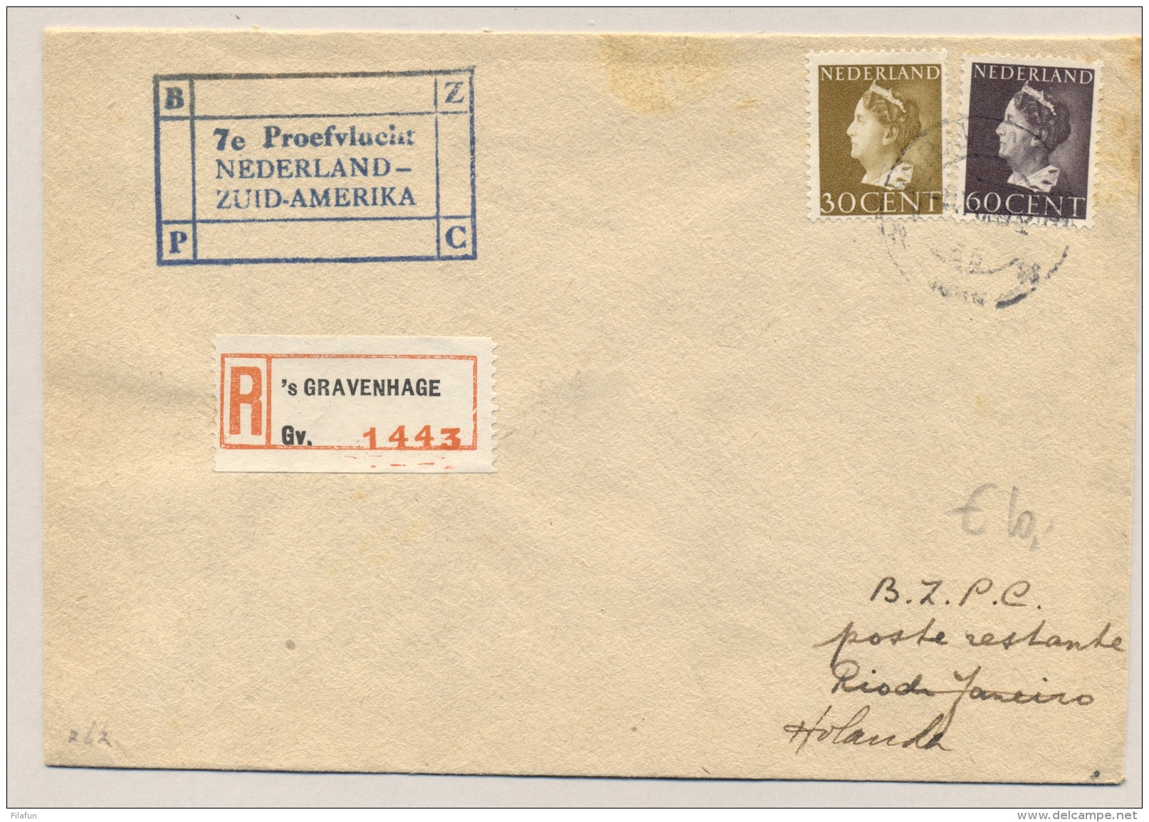 Nederland - 1946 - 30 En 60 Cent Konijnenburg Met 7e Proefvlucht Van 's Gravenhage Naar Rio De Janeiro - Brieven En Documenten
