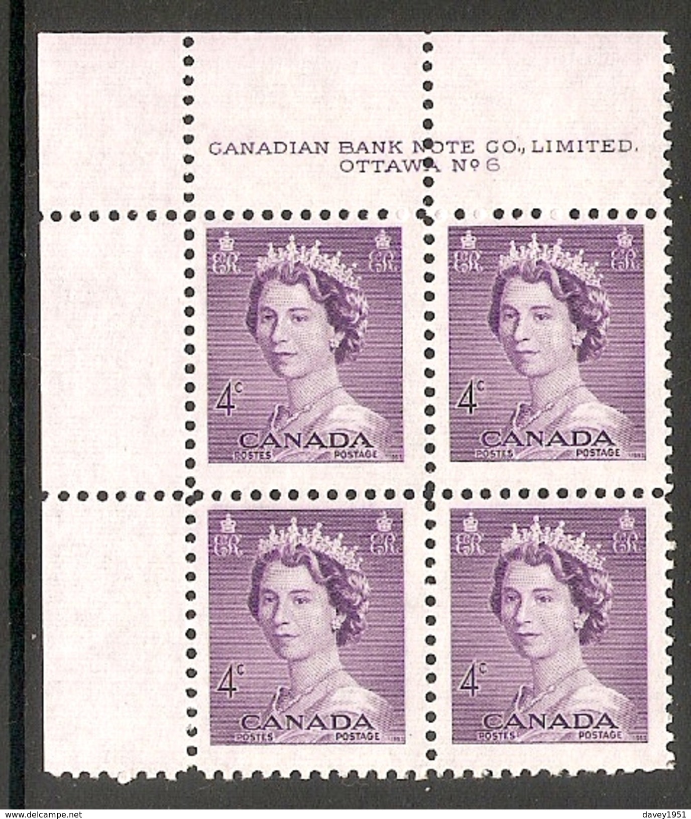 003600 Canada 1953 4c MNH Plate 6 Block UL - Plate Number & Inscriptions