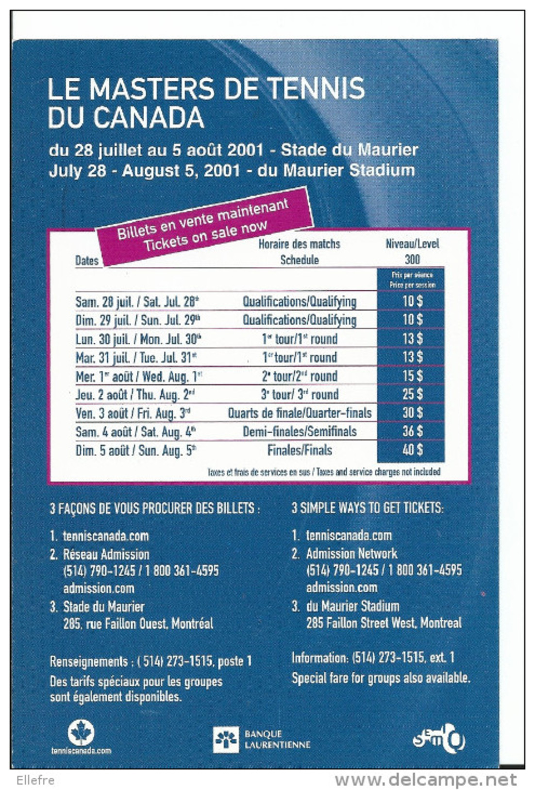 MARAT SAFIN - Master De Tennis Du Canada 2001 - Calendrier Des Compétitions Au Dos - Sonstige & Ohne Zuordnung