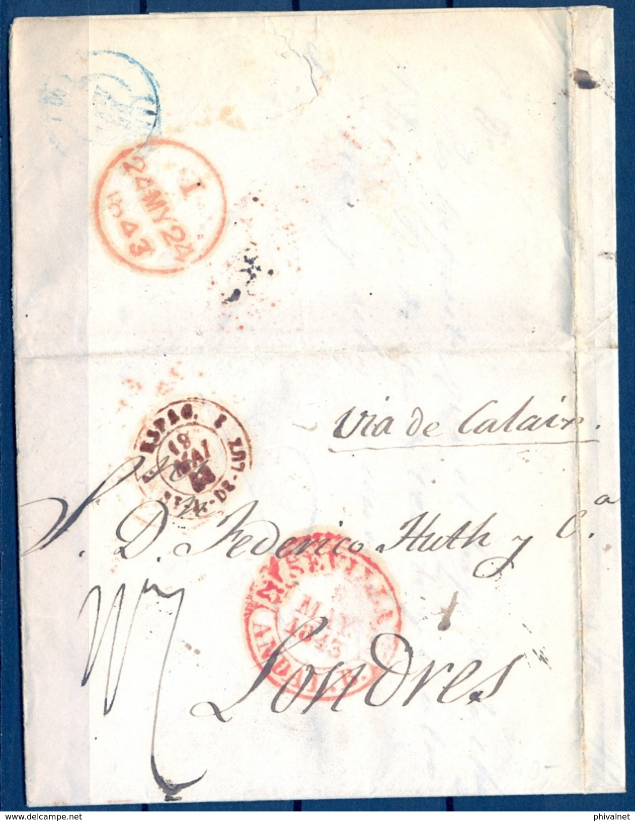 1843 , SEVILLA - LONDRES , CARTA CIRCULADA VIA CALAIS , BAEZA , FECHADOR DE ENTRADA A FRANCIA , LLEGADA A LONDRES - ...-1850 Vorphilatelie