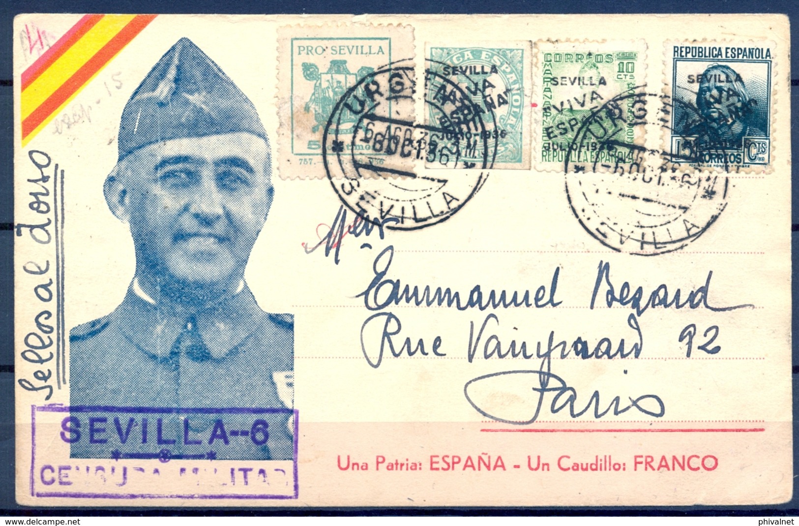 1936 , GUERRA CIVIL , SEVILLA - PARIS , TARJETA POSTAL PATRIOTICA , PATRIOTICOS , VIÑETAS AL DORSO., MAT. URGENTE - Cartas & Documentos