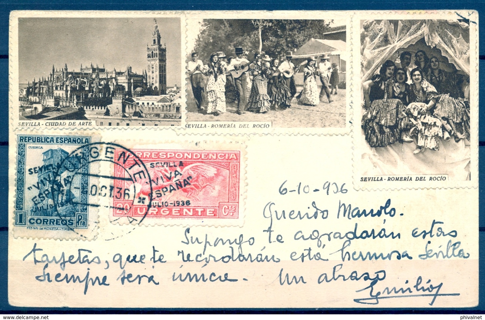 1936 , GUERRA CIVIL , SEVILLA - PARIS , TARJETA POSTAL PATRIOTICA , PATRIOTICOS , VIÑETAS AL DORSO., MAT. URGENTE - Cartas & Documentos