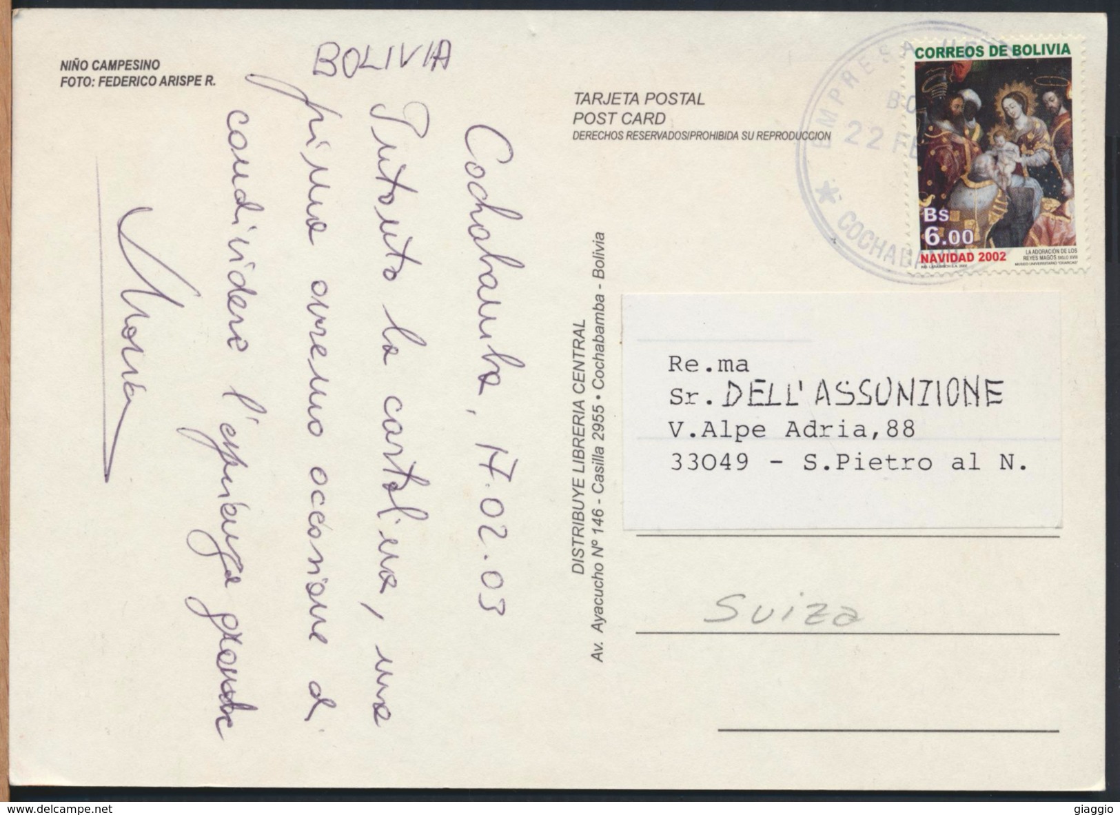 °°° GF269 - BOLIVIA - COCHABAMBA - NINO CAMPESINO - 2002 With Stamps °°° - Bolivia