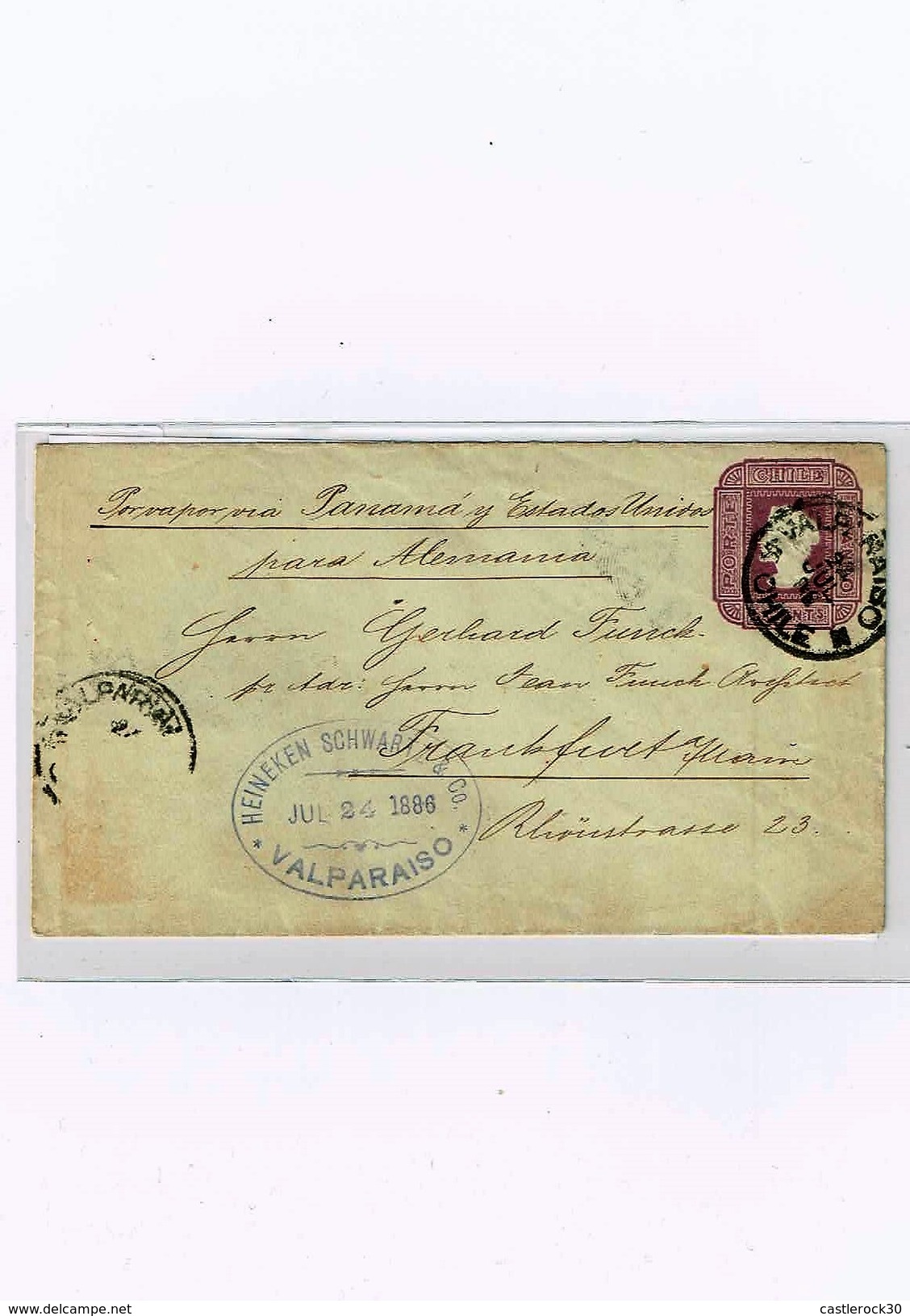 R) 1886 CHILE, POSTAL STATIONARY, , WITH PRINTED STAMP, VALPARAISO TO FRANKFURT GERMANY - Chile
