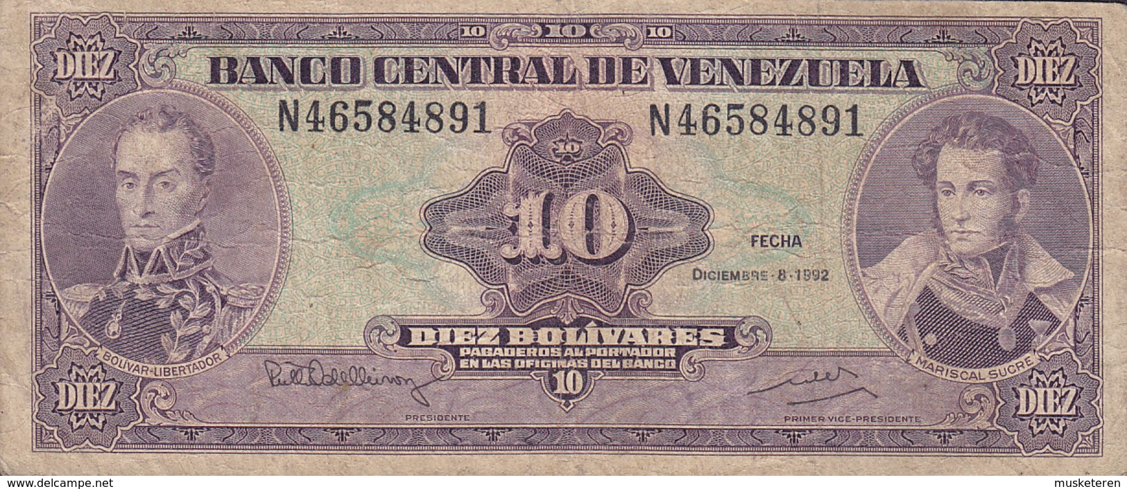 Venezuela - 10 BOLIVARES Simon Bolivar & Mariscal Sucré (dec.-8-1992) N 46584891 (2 Scans) - Venezuela
