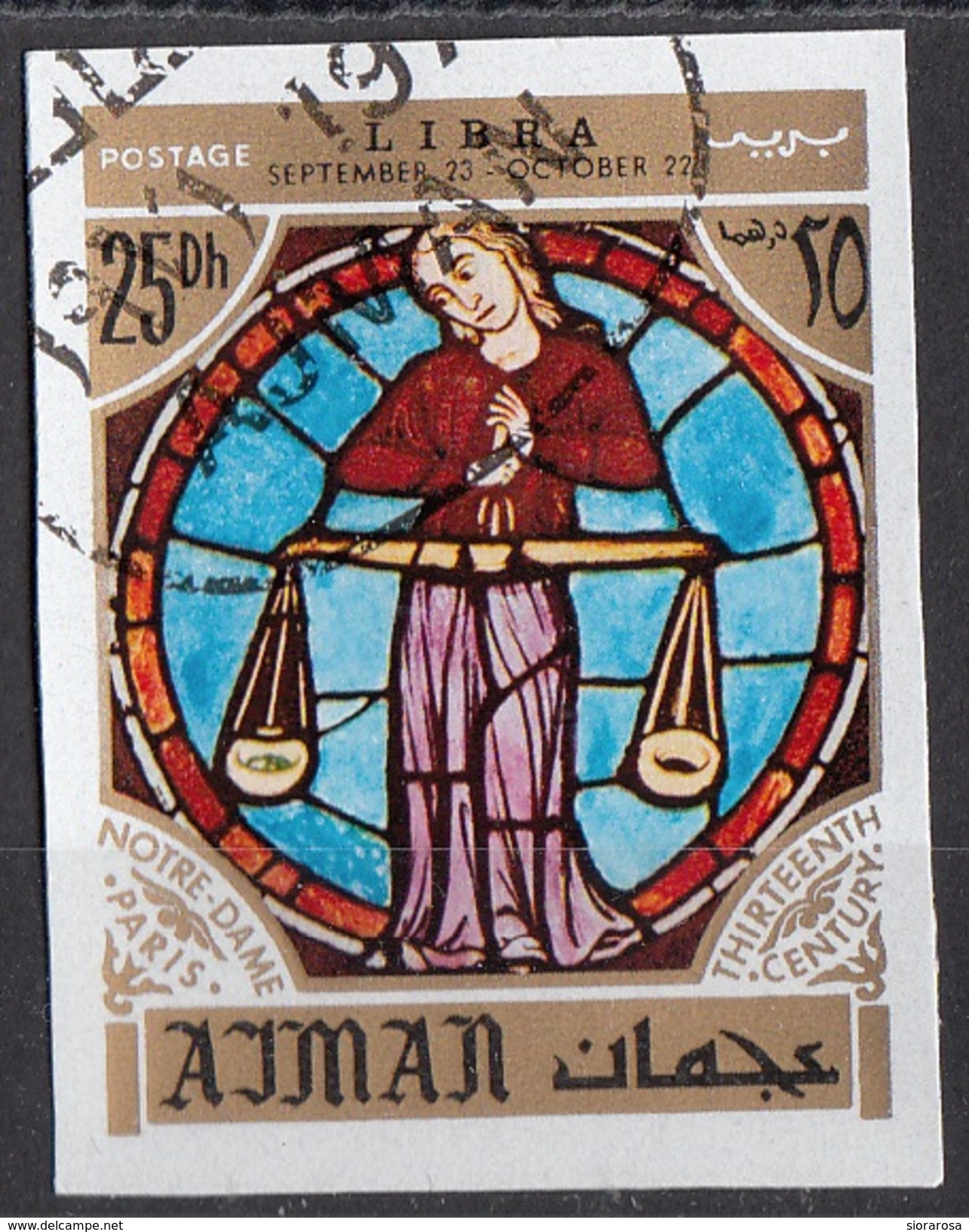 775 Ajman 1971 Segni Zodiaco Bilancia Libra - Stainled Glass Window Vetrata Notre Dame Imperf. Zodiac - Astrologia