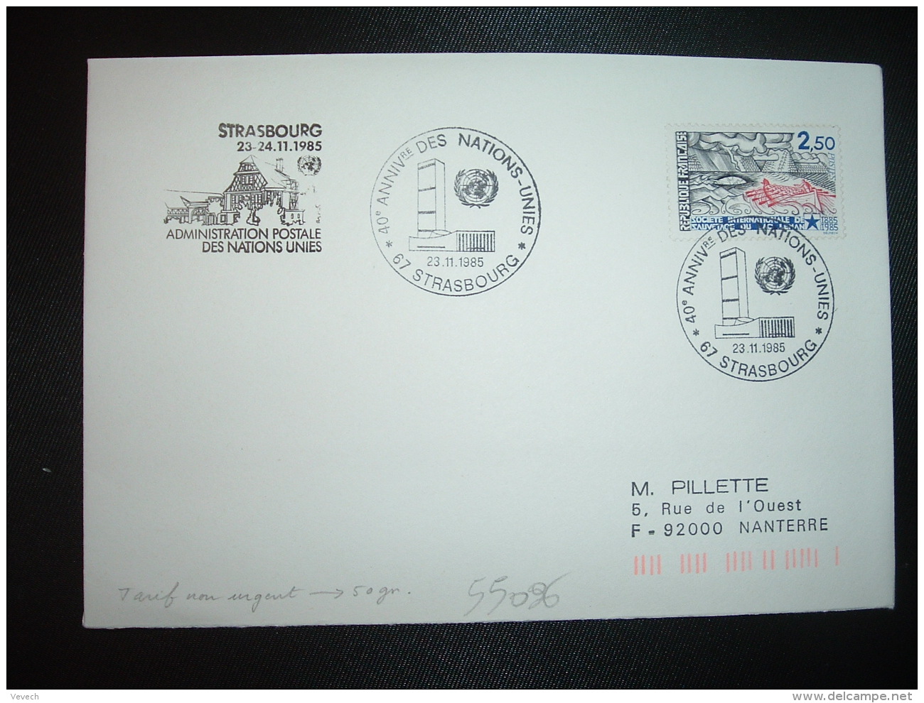 LETTRE TP YT 2373 SOCIETE INTERNATIONALE DE SAUVETAGE DU LAC LEMAN 2,50 OBL.24-11-1985 STRASBOURG (67) - 1961-....