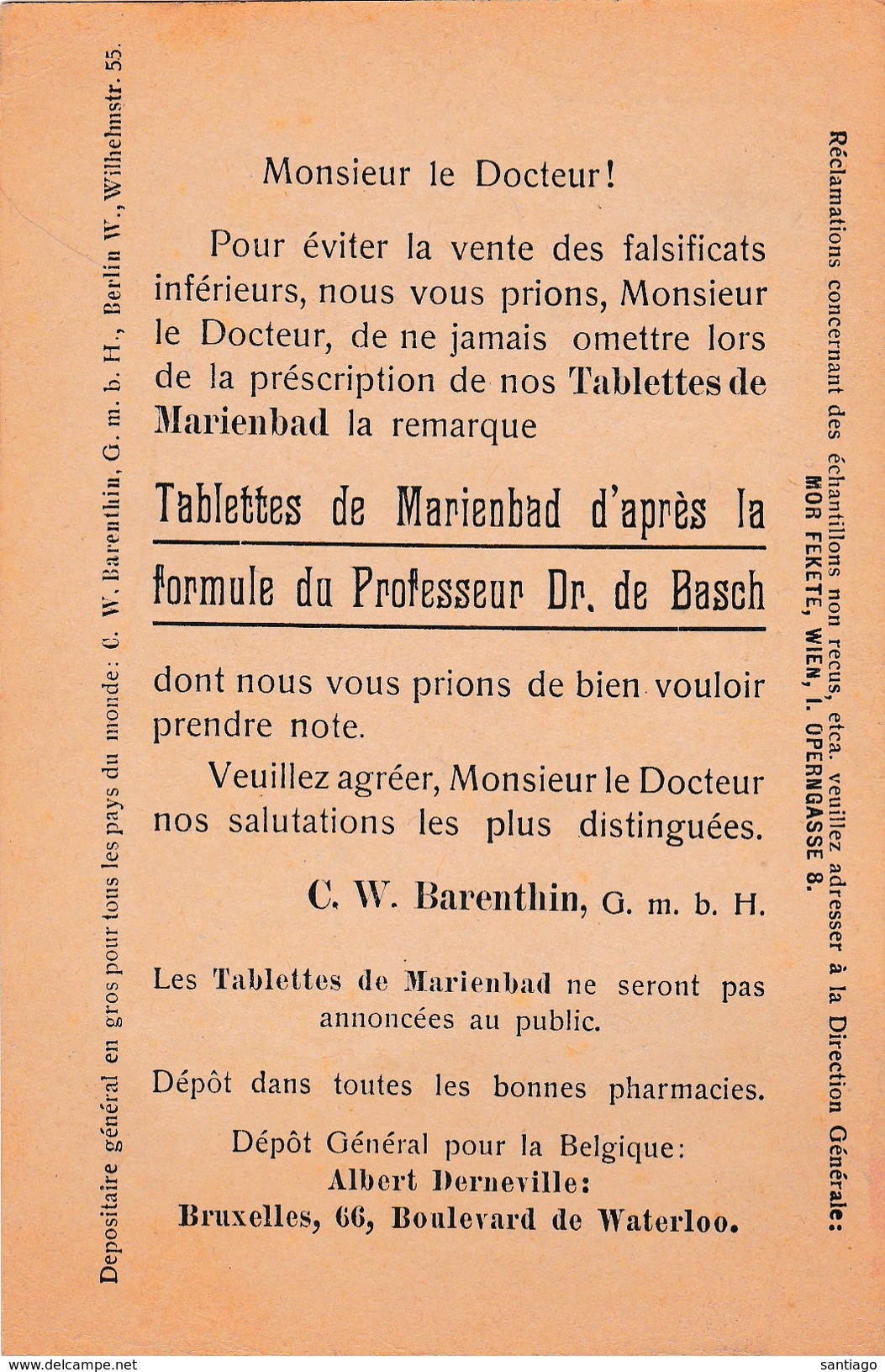 Postwaardestuk Voor Belgie ( Belgien ) Bestemd Voor Dokters En Apothekers ( Tabletten De Marienbad / Prof.Dr De Basch ) - Sonstige & Ohne Zuordnung