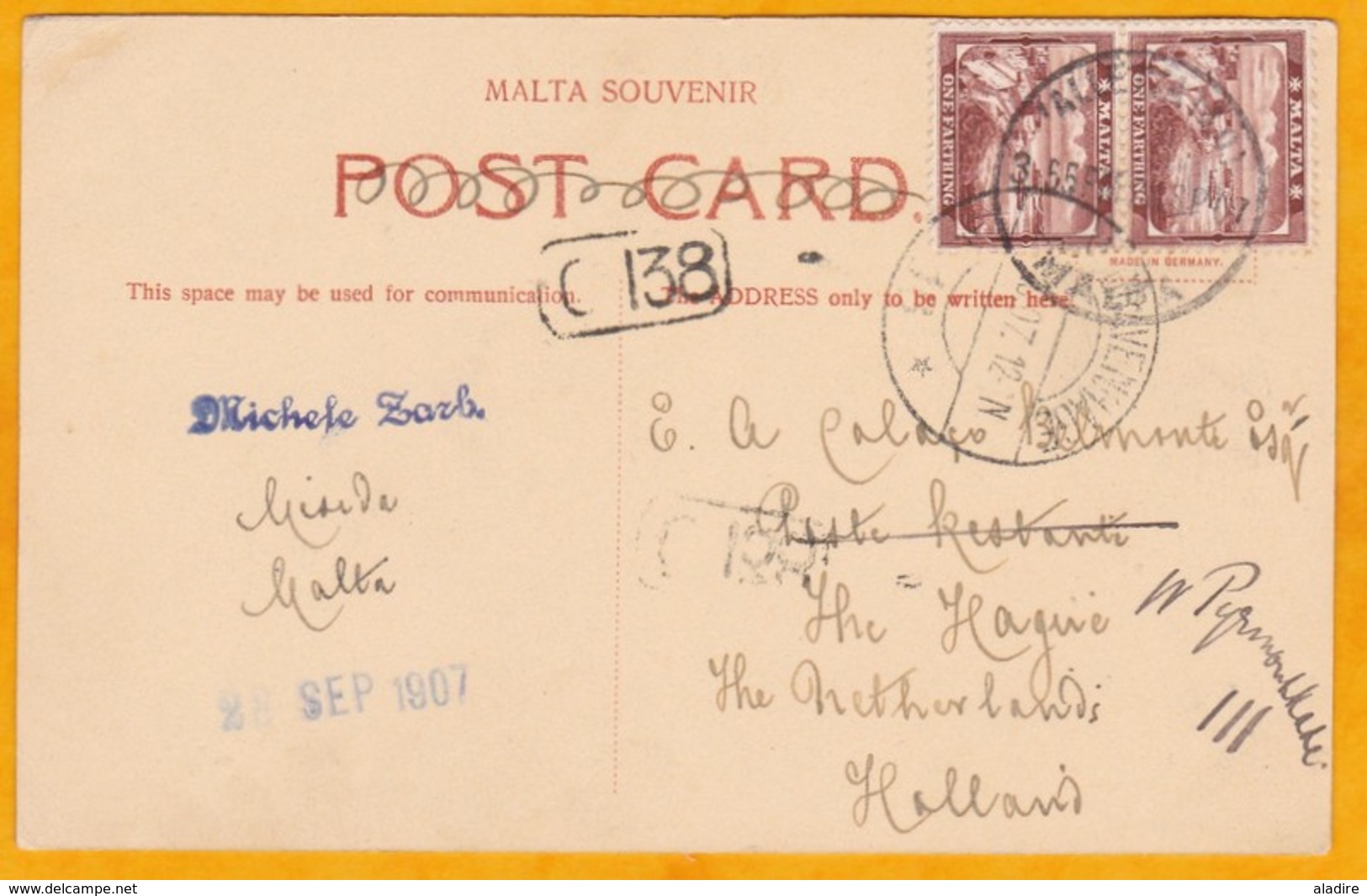 1907 - CP De La Valette, Valetta Vers La Haye, Pays Bas - Paire De 1 Farthing - Contrôle Postal - Malte (...-1964)